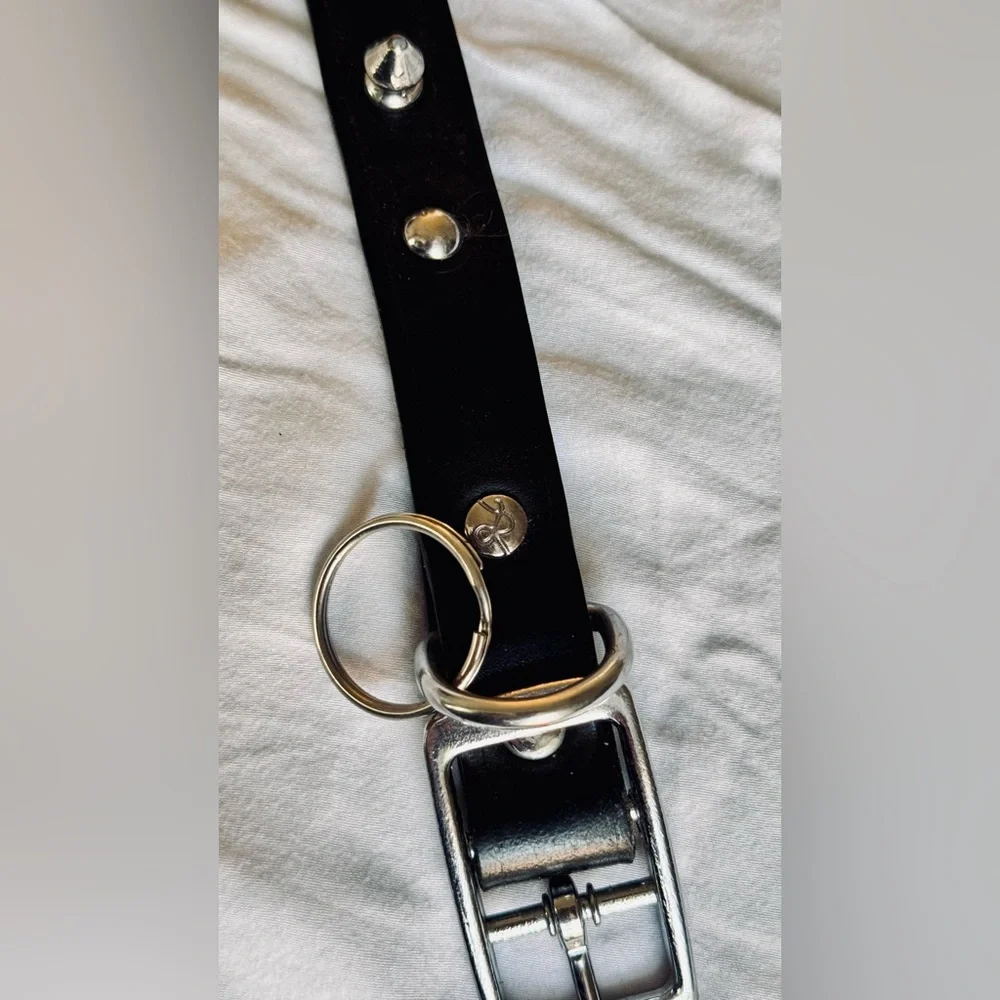 Spiked Black Leather Silver Studded Dog Collar 1” Wide 17.5” Long